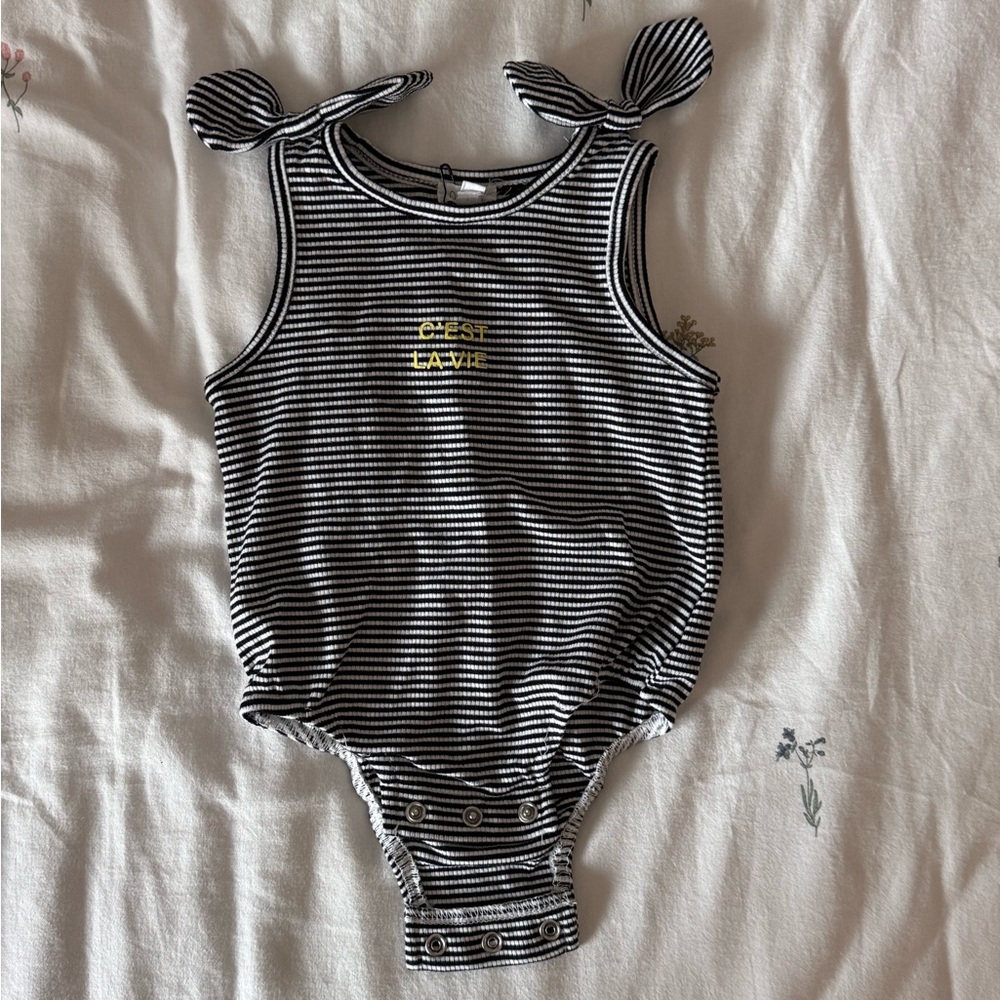Striped Black & White Knit One-Piece romper  with Shoulder Ties